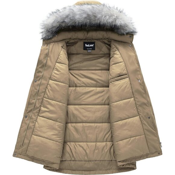 Women's Winter Khaki Faux Fur Hood Jacket Coat Zip Up Flap Pockets Designed - Picture 3 of 6